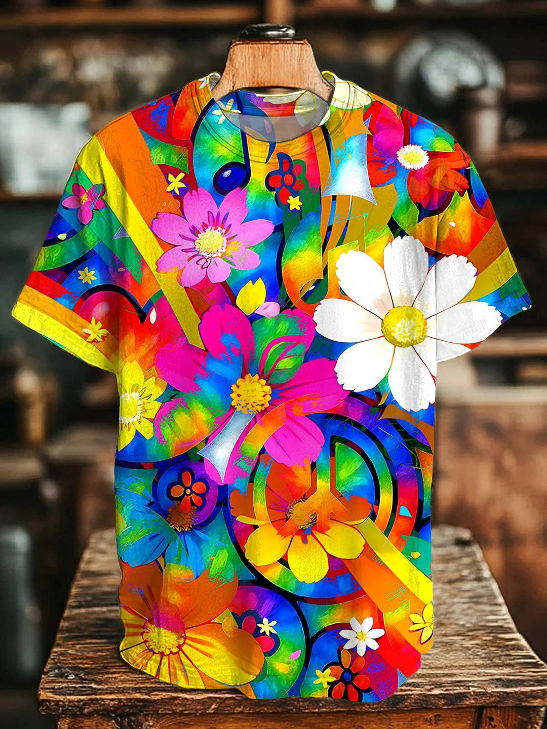 Hippie Musical Note Floral Women's Short Sleeve Crew Neck T-shirt