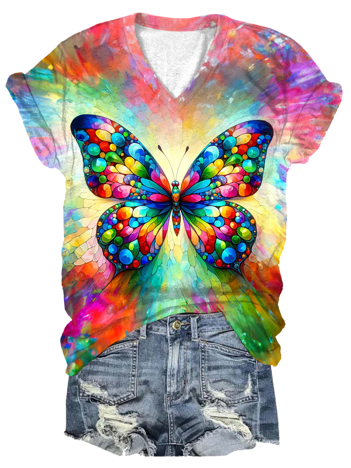 Abstract Stained Glass Butterfly V-neck T-Shirt
