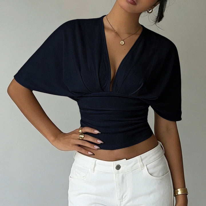 Cinch Waist Tops for Women Ruched Deep V Neck Crop Tops Sexy Summer T Shirts Short Sleeve for Travel Dating original