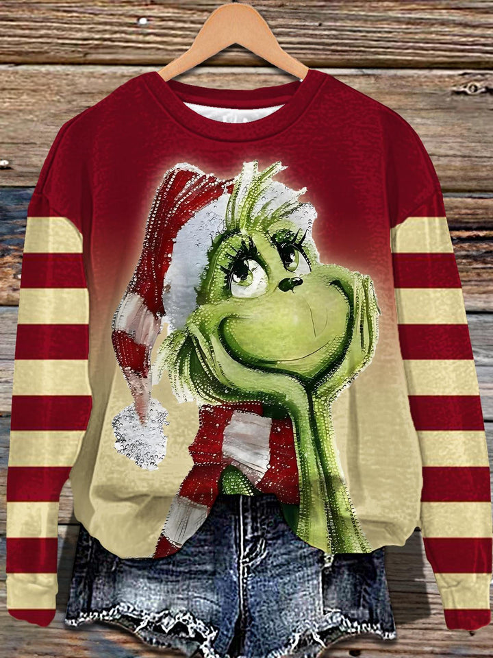 Grinch Retro Stripes Printed Long Sleeve Casual Top