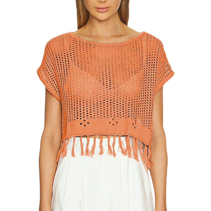 Crochet Tops for Women Tassel Hollow Out Summer Knit Top Crewneck Short Sleeve Pullover Cover Up for Travel usefulness