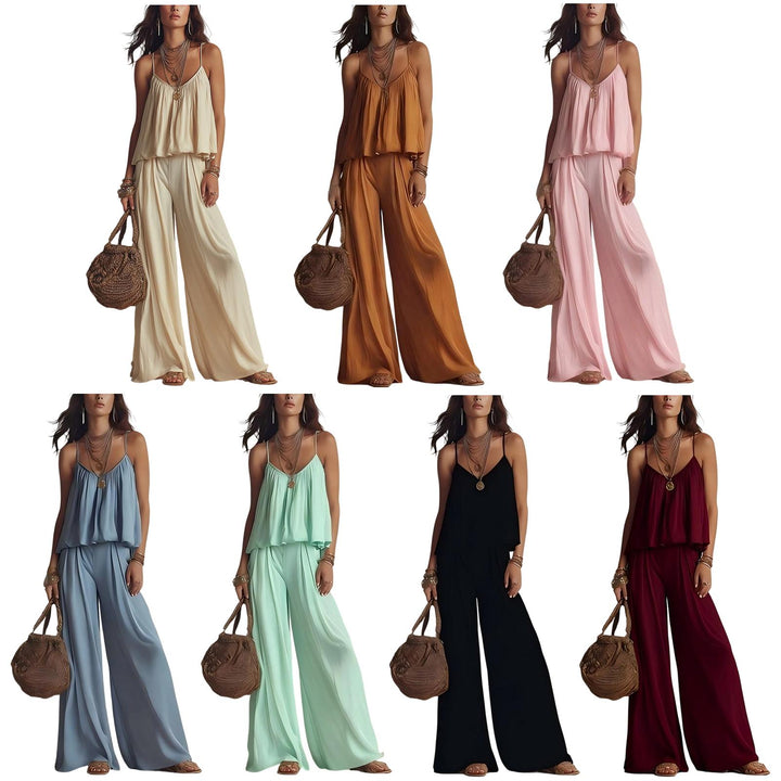 Womens Two Piece Sets Summer Spaghetti Strap Solid Color Bustier Wide Leg Pant Going Out Clothes for Party heathly