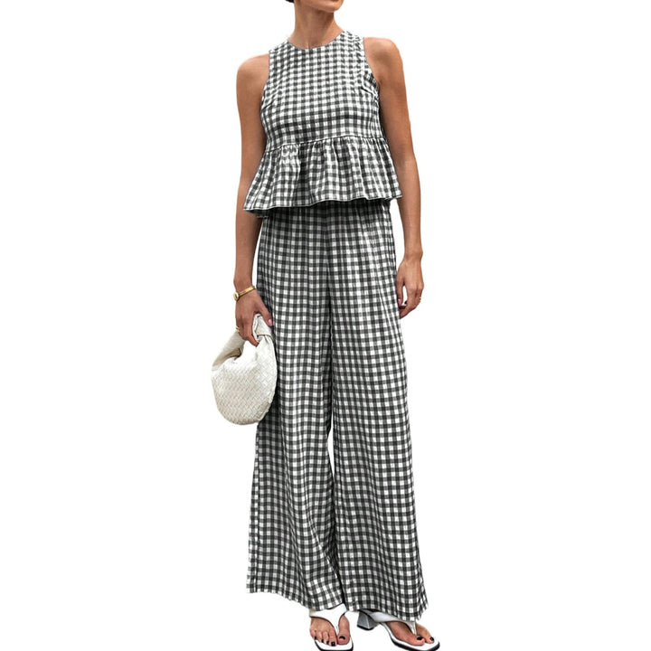 Womens Gingham Set Ruffle Plaid Peplum Tops and Pants Summer Vacation Going Out Sets for Daily Wear Beach admired