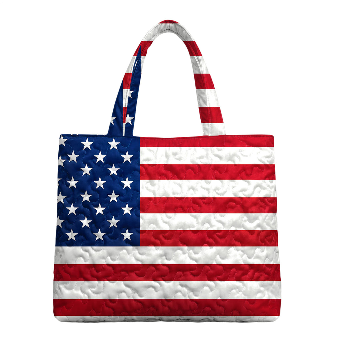 Quilted Tote Bag for Women American Flag Patriotic Handbags with Handles Travel Casual Purse for Vacation practical