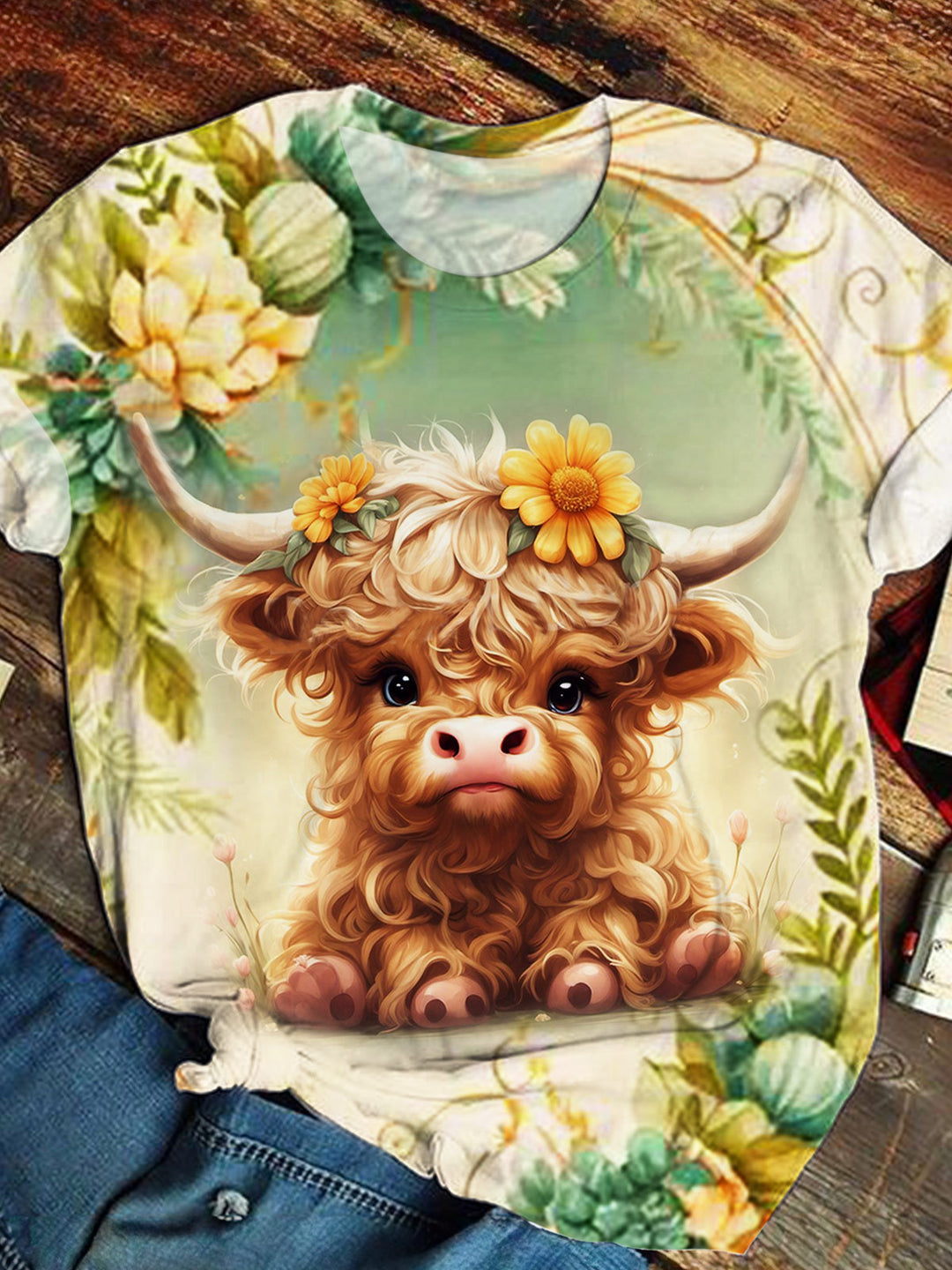 Women's Highland Cow Floral Print Casual Top