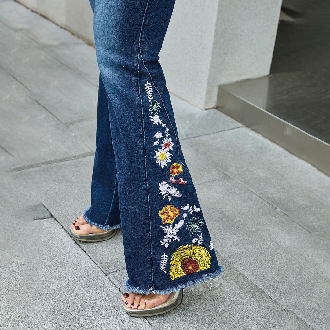 Women Bell Bottom Jeans Floral Embroidered Casual Flare High Waisted Denim Pants Fashion Jeans for Dating best service