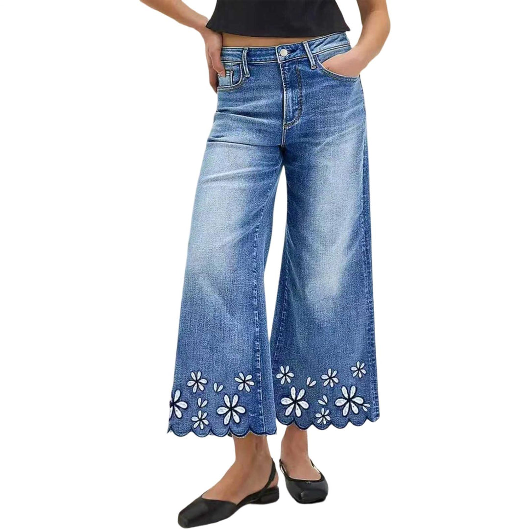 Cropped Wide Leg Jeans Floral Embroidery Boho Wide Leg Jeans Middle Waisted Cropped Denim Pants for Travel excellently