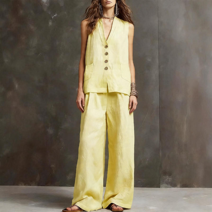 Womens Vest and Pants Set Two Piece Button Down Vest Top and Wide Leg Pants Casual Outfits for Work Travel ideal