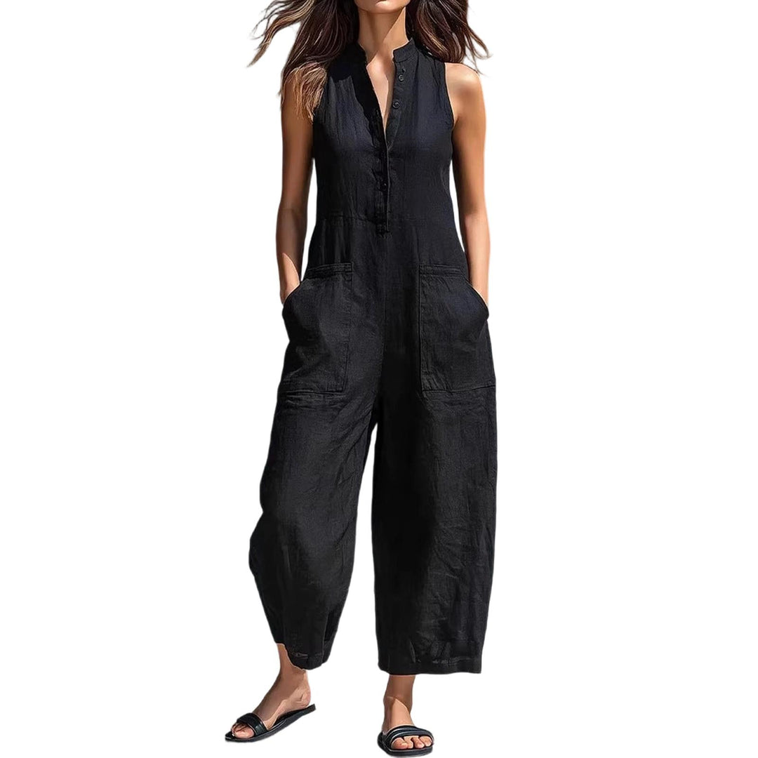 Sleeveless Jumpsuits for Women Button Front Stand Collar Sleeveless Loose Wide Leg Jumpsuit for Vacation classical