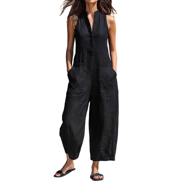 Sleeveless Jumpsuits for Women Button Front Stand Collar Sleeveless Loose Wide Leg Jumpsuit for Vacation classical