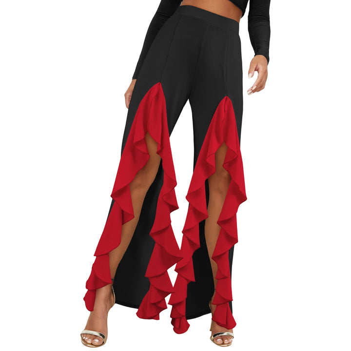Womens Ruffle Pants Front Slit Flowy Loose Fit Wide Leg Trousers Elastic High Waist Lounge Pants for Dating improved