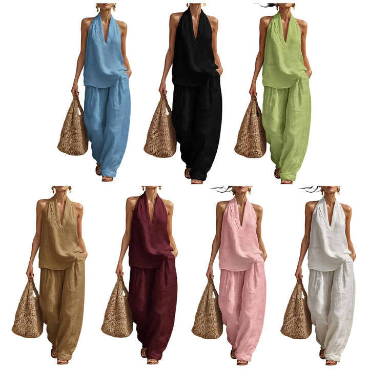 Summer Outfits for Women 2 Piece Set Deep V Neck Sleeveless Loose Fit Halter Top and Wide Leg Pants for Beach classical