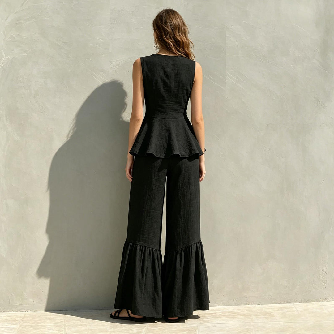 Women Two Piece Outfits Sets V Neck Sleeveless Peplum Top and Ruffle Flare Leg Pants Set for Dating Travel astonishing