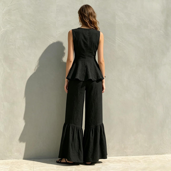 Women Two Piece Outfits Sets V Neck Sleeveless Peplum Top and Ruffle Flare Leg Pants Set for Dating Travel astonishing