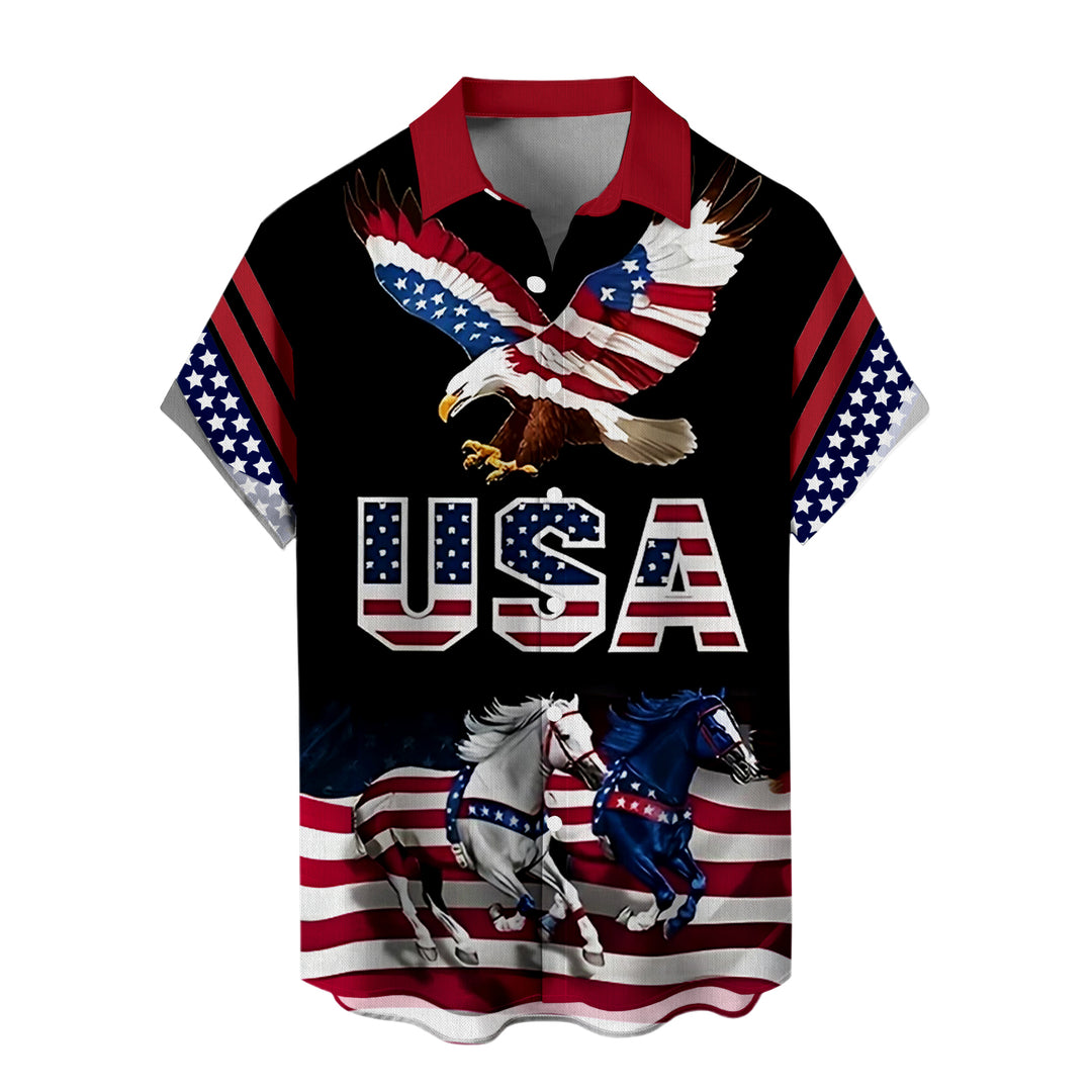 Flag Button Up Shirt Men Eagle Print Short Sleeve Button Down Patriotic Hawaiian Shirts for Parade Party amiable