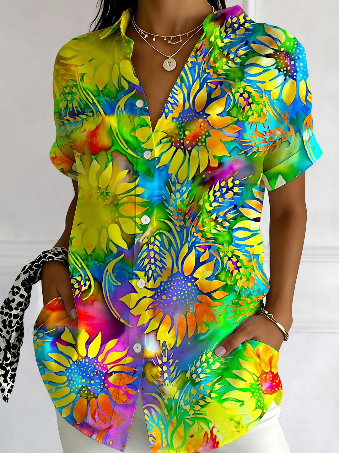 Tie Dye Sunflower Print Women's Short Sleeve Shirts