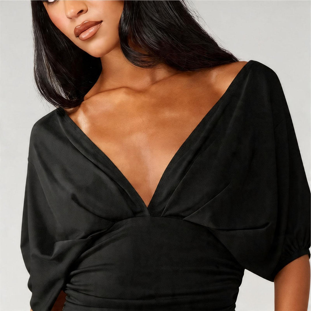 Dolman Sleeve Cinched Waist Top Deep V Neck Side Ruched Sexy Dolman Sleeve Blouses Going Out Tops for Leisure innate