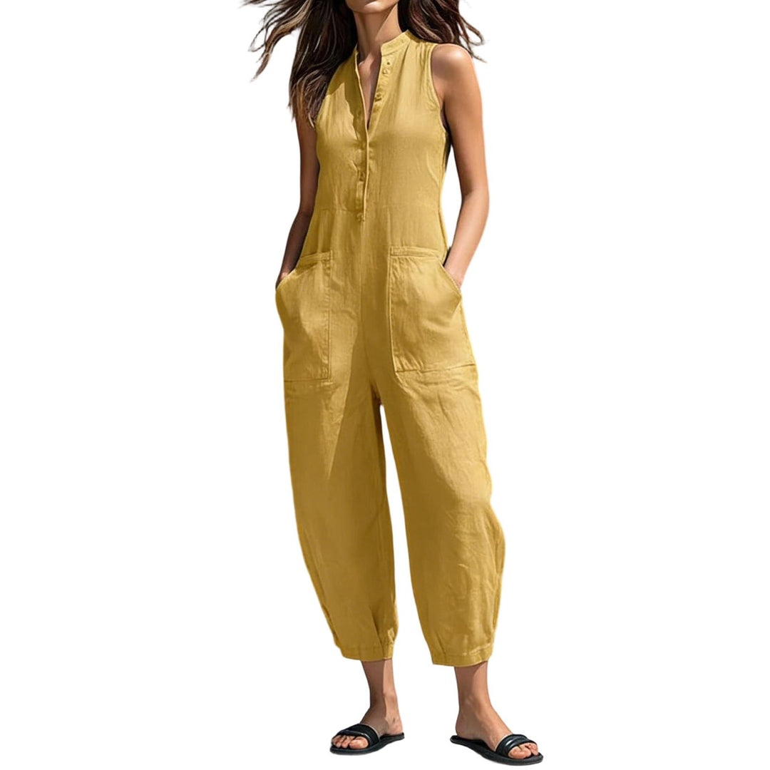 Sleeveless Jumpsuits for Women Button Front Stand Collar Sleeveless Loose Wide Leg Jumpsuit for Vacation classical