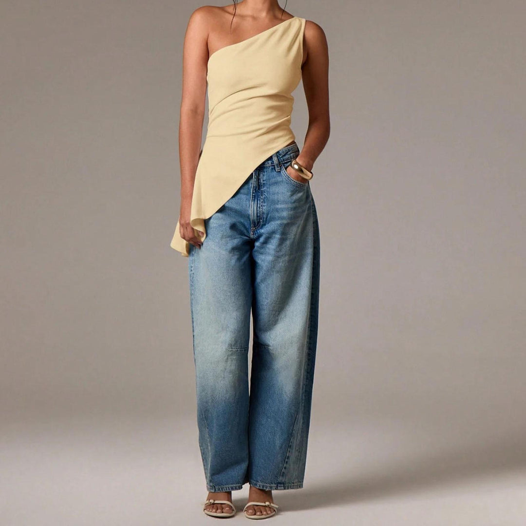 Off Shoulder Ruffle Top Asymmetrical Neck Summer Going Out Sexy Elegant Ruched Sleeveless Tops for Datng friendly