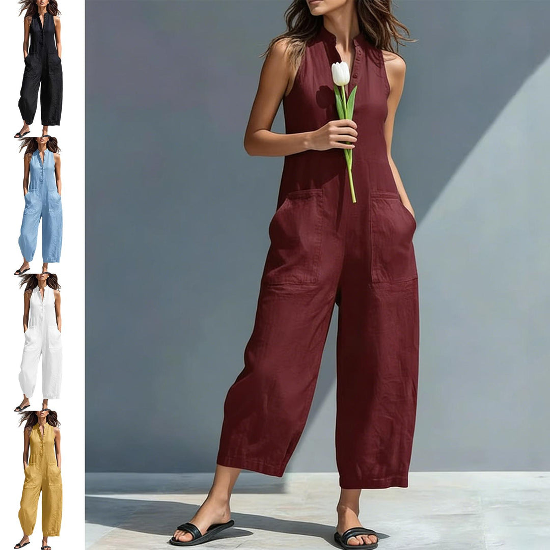 Sleeveless Jumpsuits for Women Button Front Stand Collar Sleeveless Loose Wide Leg Jumpsuit for Vacation classical
