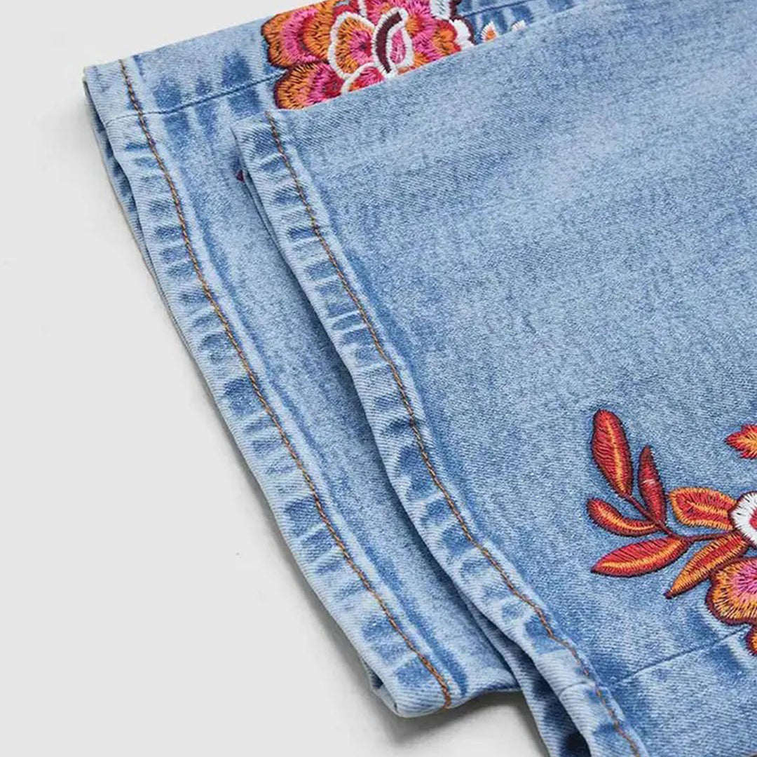 Cropped Jeans for Women Floral Embroidered Casual Summer Straight Leg Jeans Mid Rise Denim Pants for Travel thrifty