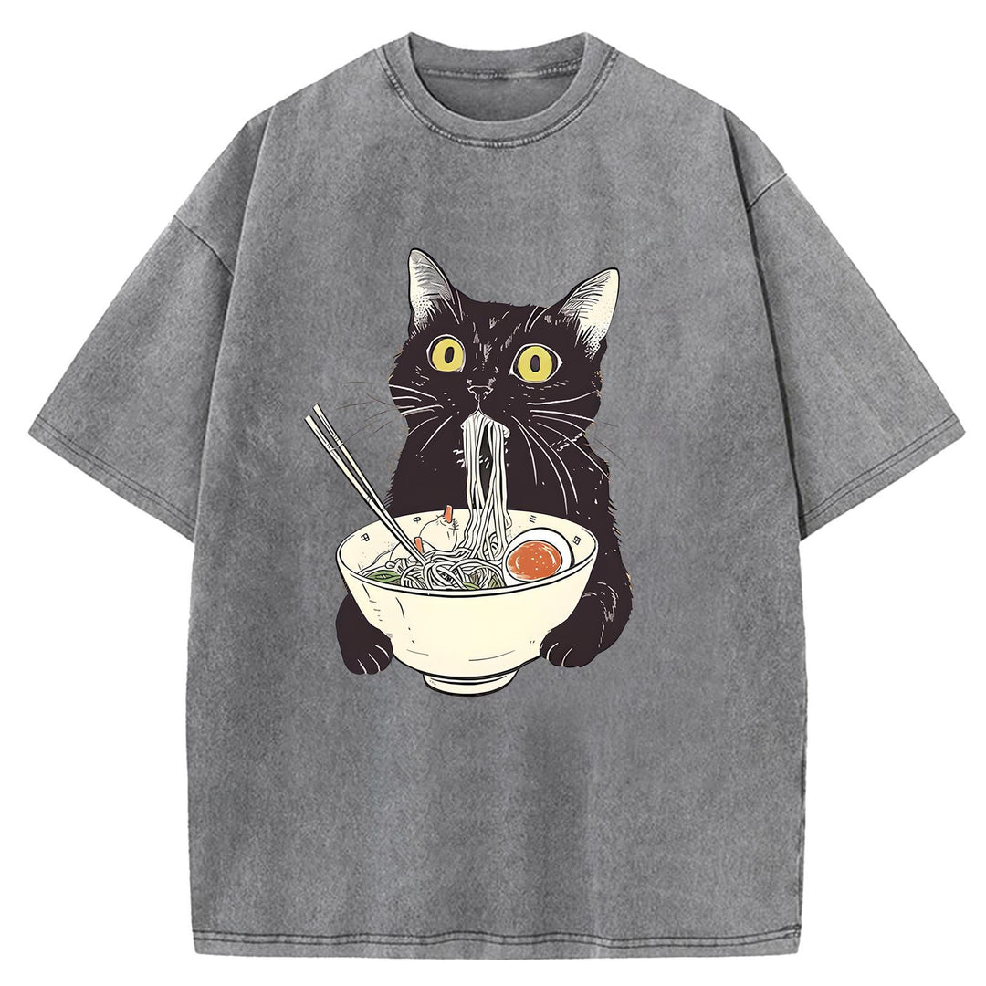 Black Cat Eating Ramen Washed Crew Neck T-Shirt