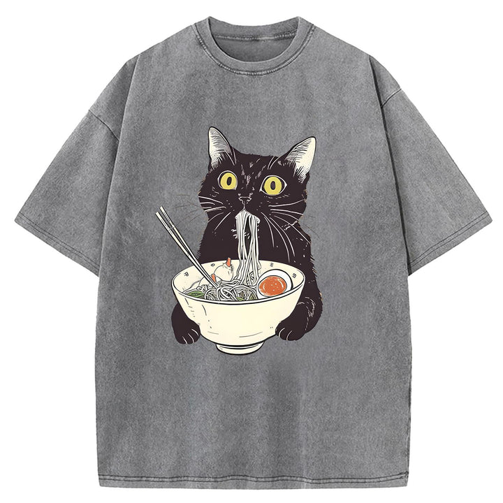 Black Cat Eating Ramen Washed Crew Neck T-Shirt