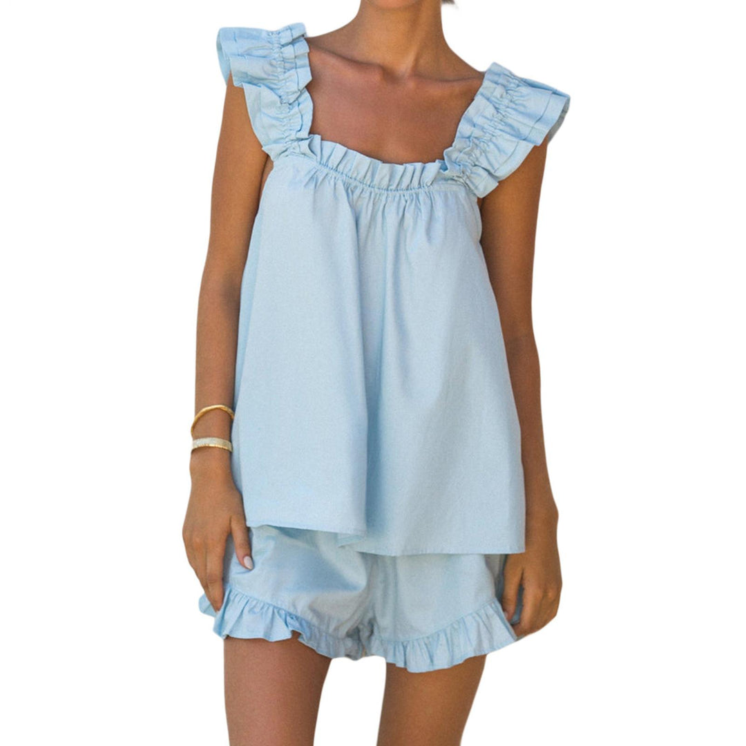 Shorts and Tank Pajama Set Ruffle Square Neck Sexy Sleeveless Loungewear Sleepwear Pj Set for Travel Home right