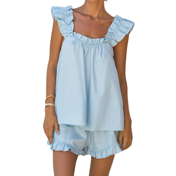 Shorts and Tank Pajama Set Ruffle Square Neck Sexy Sleeveless Loungewear Sleepwear Pj Set for Travel Home right
