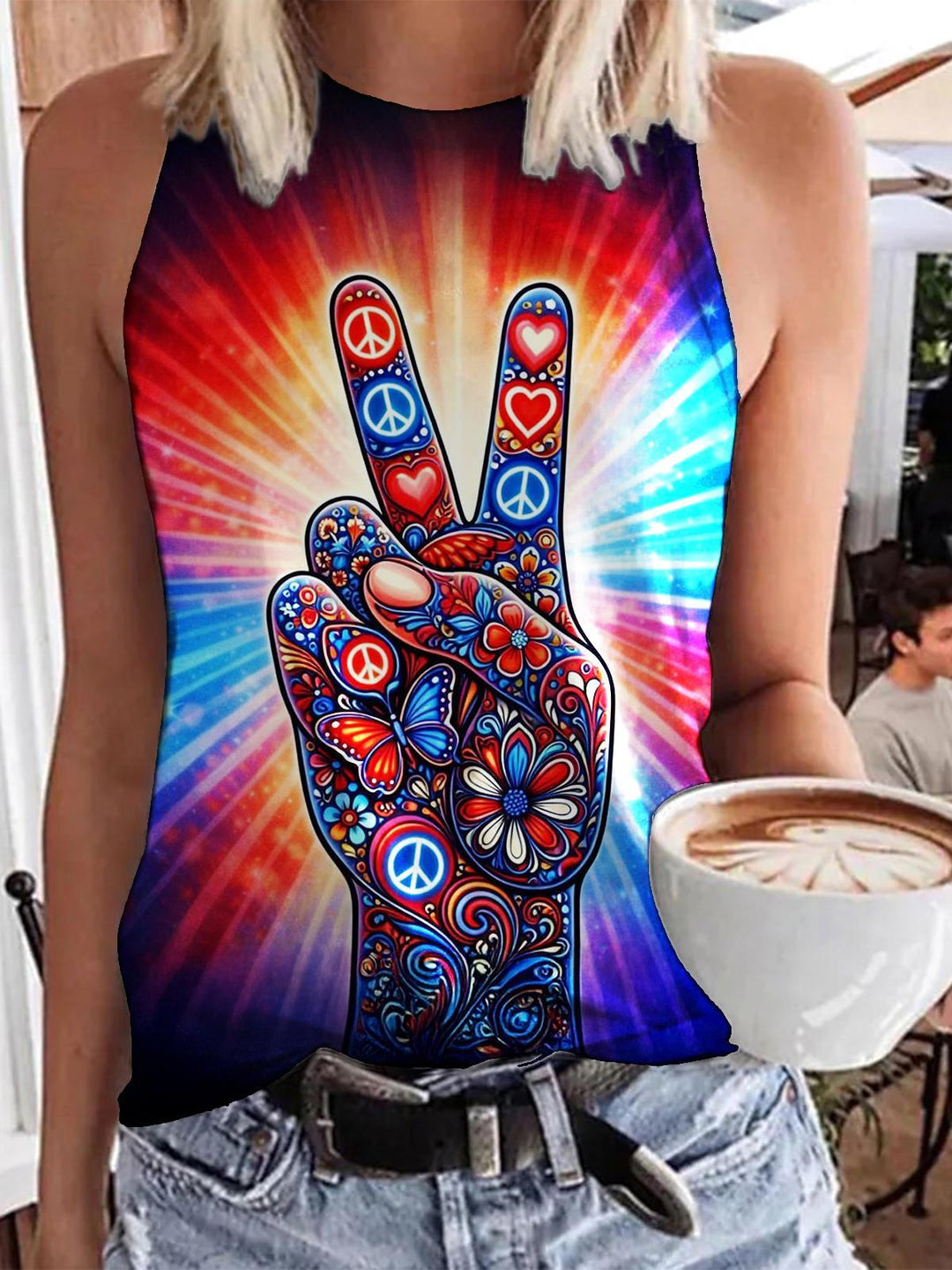 Boho Peace & Love Hand Round Neck Sleeveless Vest