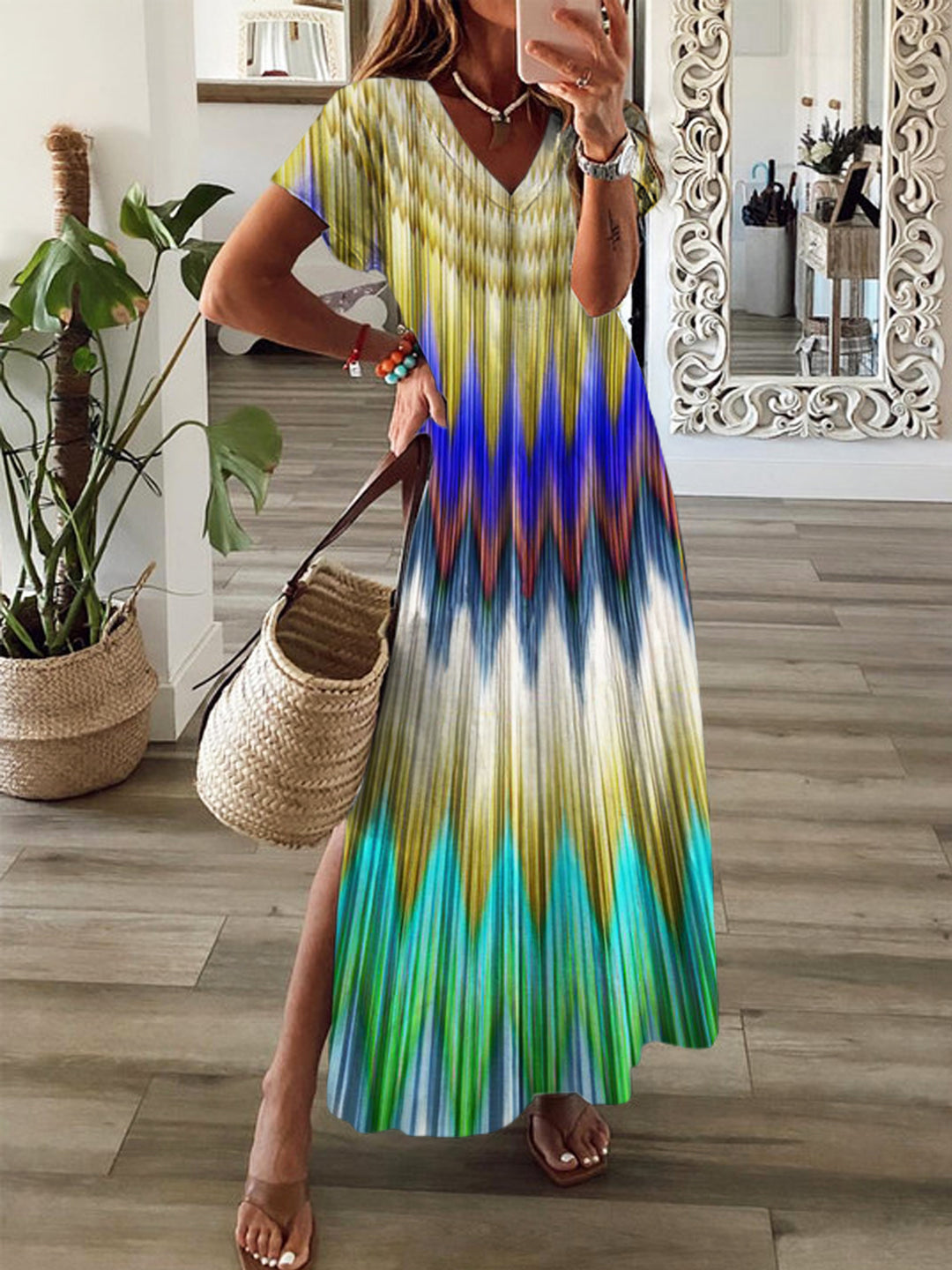 Colorful Geometrical Watercolor Texture Short Sleeve V Neck Maxi Dress