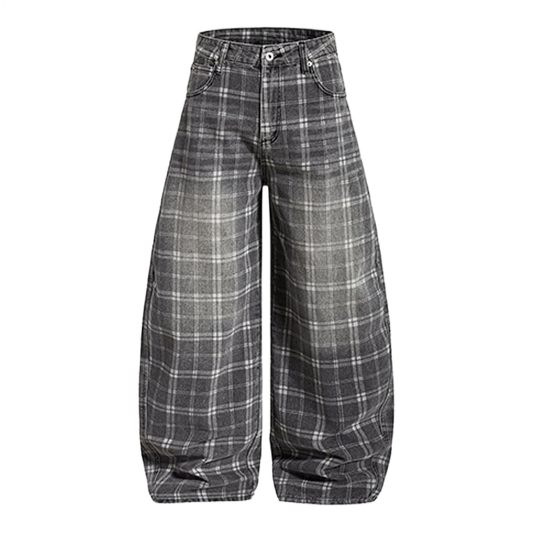 Wide Leg Plaid Pants Woman Wide Leg Lounge Mid Waist Pants Unisex Loose Trousers with Pockets Streetwear frugal