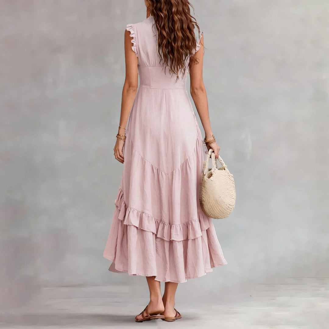 Ruffle Dress Long V Neck Button Flowy Cap Sleeve Summer Maxi Dresses Casual Beach Clothes for Beach Vacation serviceable