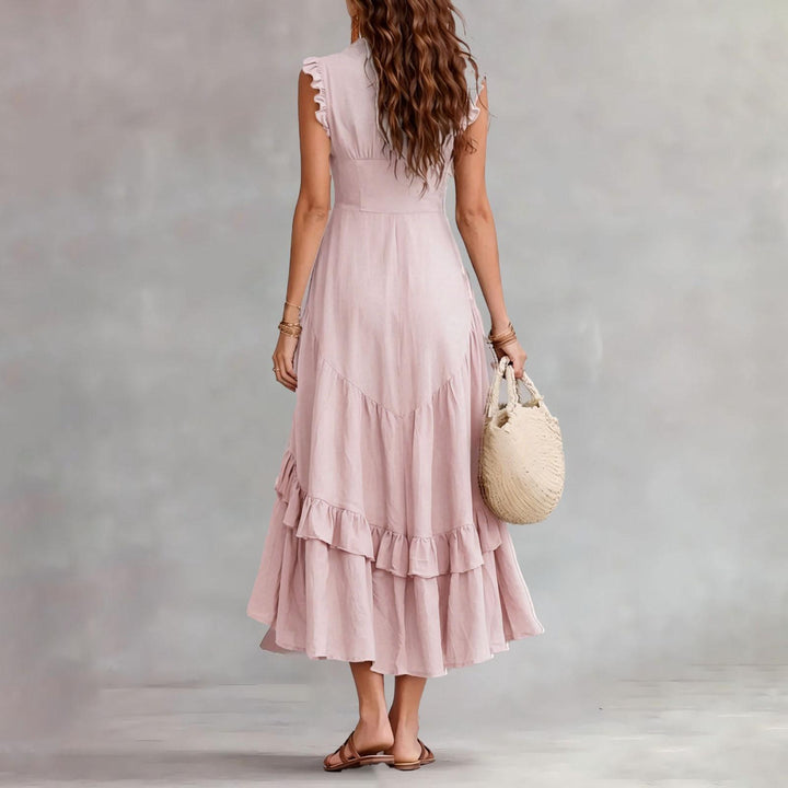 Ruffle Dress Long V Neck Button Flowy Cap Sleeve Summer Maxi Dresses Casual Beach Clothes for Beach Vacation serviceable