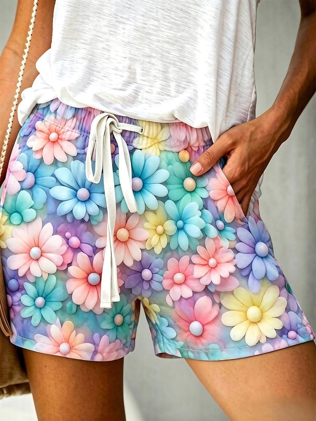 3D Macaron Colorful Daisy Floral Print Casual Shorts