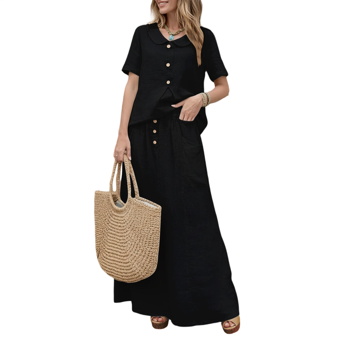 2 Piece Skirt Set Solid Cotton Two Piece Sets Short Sleeve Top and Maxi Skirt Casual Outfit for Daily Wear everywhere