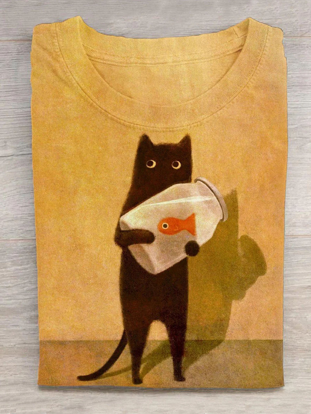 Cat Holding Goldfish Bowl Art Design Crew Neck T-shirt