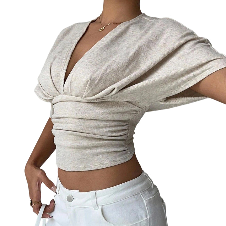 Cinch Waist Tops for Women Ruched Deep V Neck Crop Tops Sexy Summer T Shirts Short Sleeve for Travel Dating original