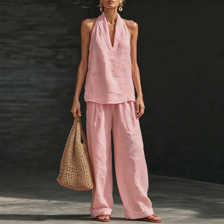 Summer Outfits for Women 2 Piece Set Deep V Neck Sleeveless Loose Fit Halter Top and Wide Leg Pants for Beach classical