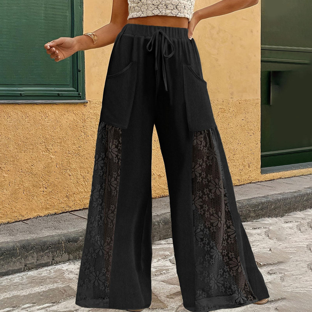 Women's Floral Lace Sheer Mesh Pants High Waisted Loose Fit Drawstring Elastic Waist Toursers for Vacation responsible