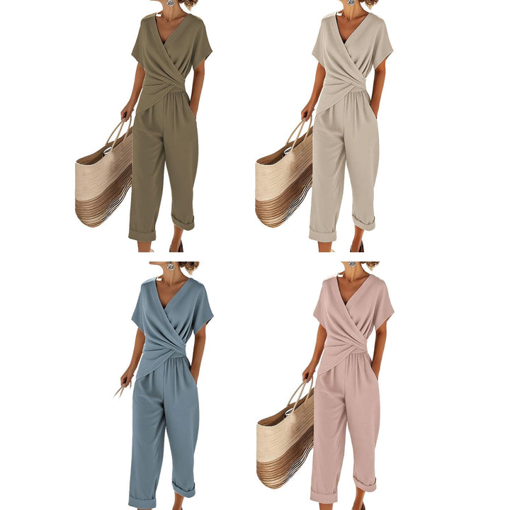 2 Piece Summer Sets for Women Wrap V Neck Side Twist Short Sleeve Solid Top Lounge Pants Outfits for Travel efficient
