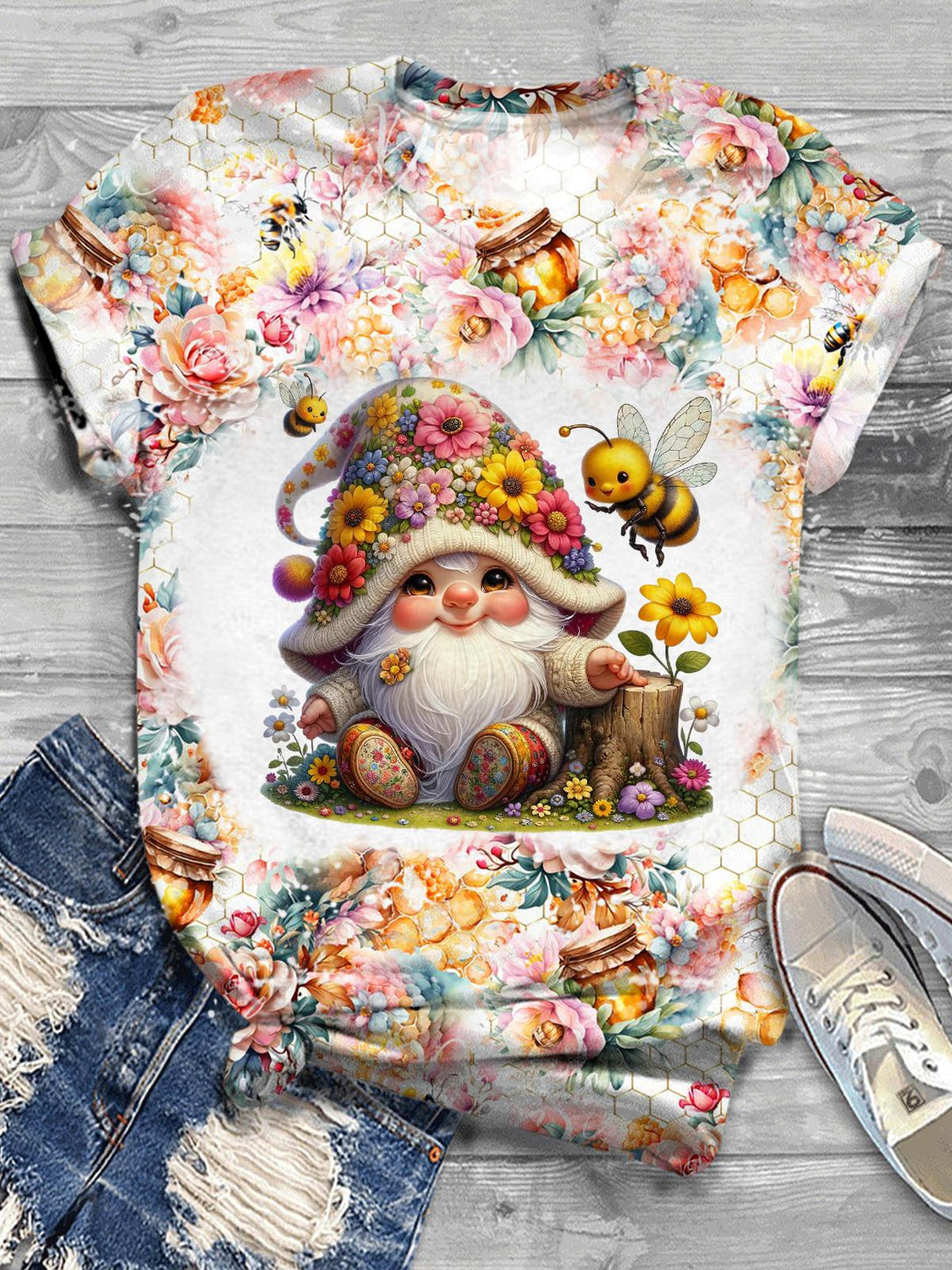 Floral Bee Gnome Tie Dye Crew Neck T-shirt