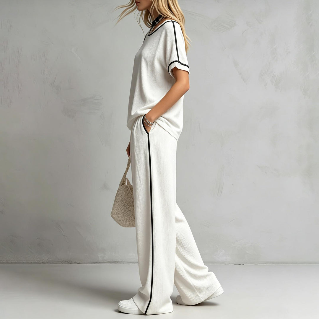 Two Piece Lounge Set for Women Color-Blocked Short Sleeve Top Loose Fit Wide Leg Pants Macthing Set for Daily right