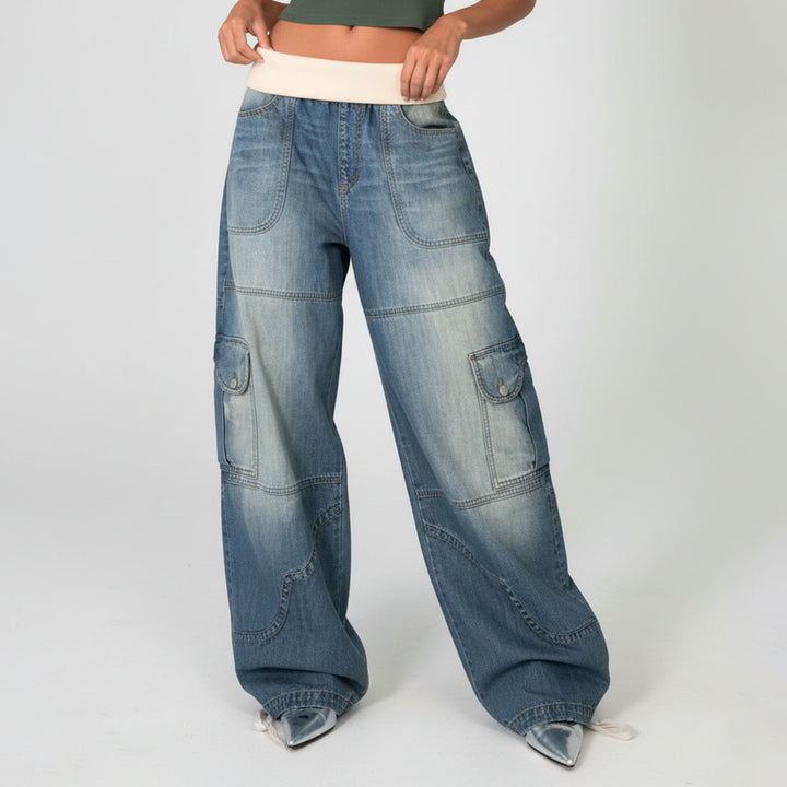 Womens Low Rise Baggy Jeans Fold-Over Elastic Waist Wide Leg Jeans Denim Pants Loose Fit Trousers for Club appropriate