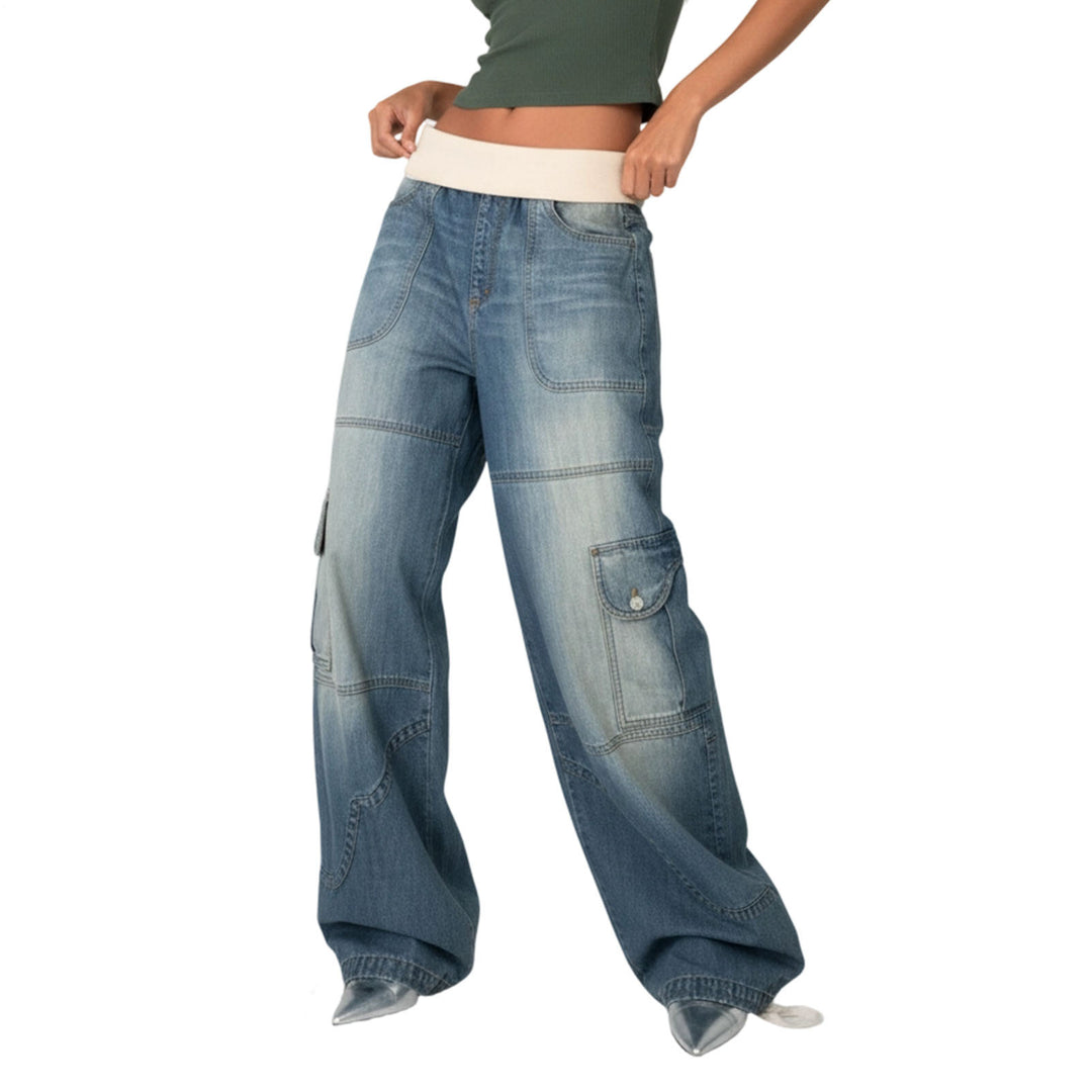 Womens Low Rise Baggy Jeans Fold-Over Elastic Waist Wide Leg Jeans Denim Pants Loose Fit Trousers for Club appropriate