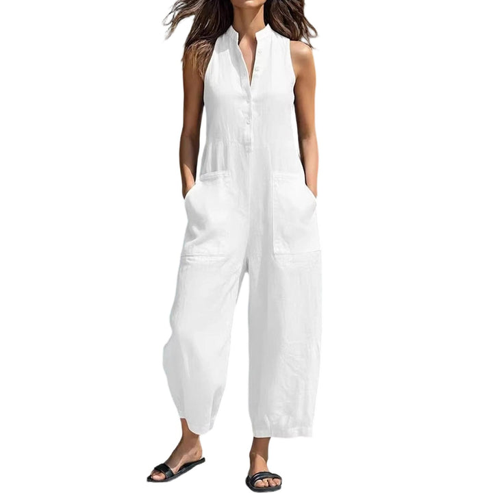 Sleeveless Jumpsuits for Women Button Front Stand Collar Sleeveless Loose Wide Leg Jumpsuit for Vacation classical