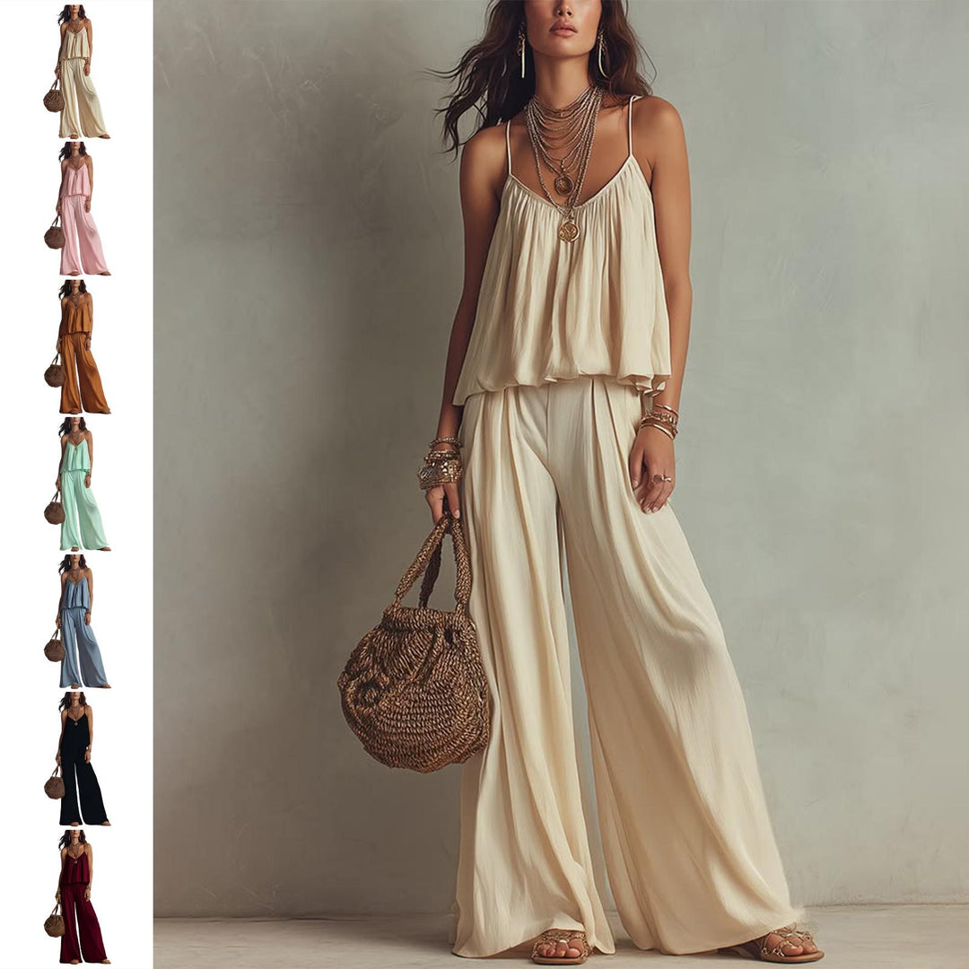 Womens Two Piece Sets Summer Spaghetti Strap Solid Color Bustier Wide Leg Pant Going Out Clothes for Party heathly