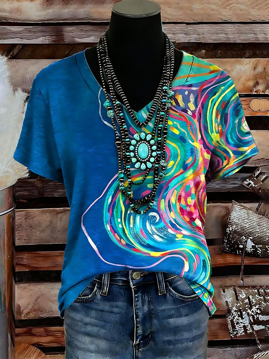 Western Style Abstract Oil Painting Women's Short Sleeve V Neck T-Shirt