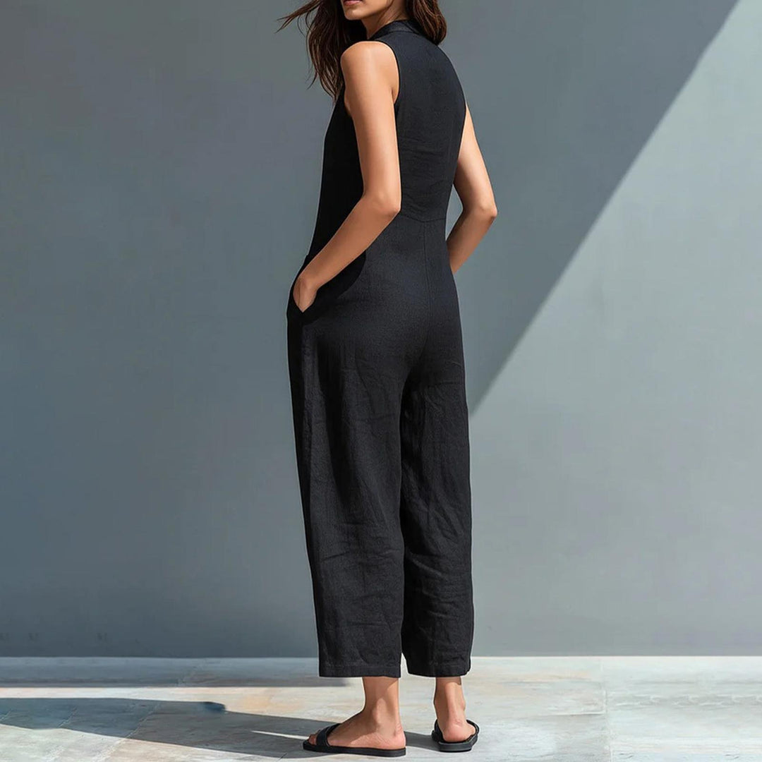 Sleeveless Jumpsuits for Women Button Front Stand Collar Sleeveless Loose Wide Leg Jumpsuit for Vacation classical