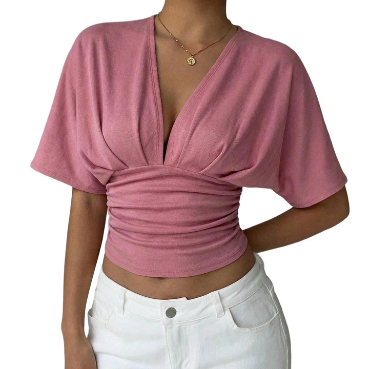 Cinch Waist Tops for Women Ruched Deep V Neck Crop Tops Sexy Summer T Shirts Short Sleeve for Travel Dating original